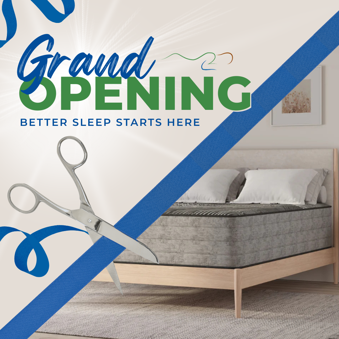 Mattress with 'Grand Opening' and 'Better Sleep Starts Here' text, scissors cutting through a ribbon.