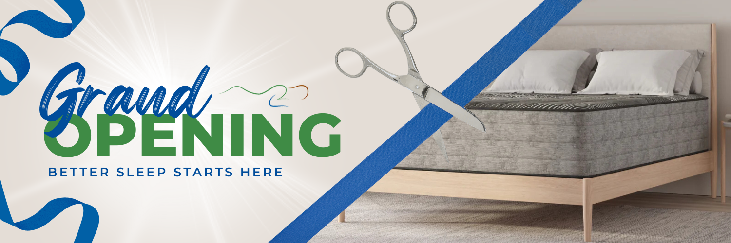 Mattress with 'Grand Opening' and 'Better Sleep Starts Here' text on a white background